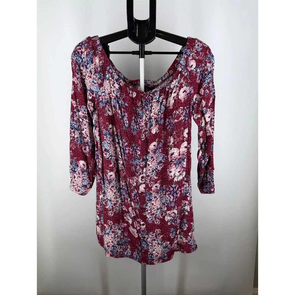 Fire‎ Los Angeles Floral Off The Shoulder Mini Dress Burgundy Boho XL